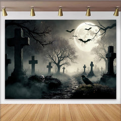 Lofaris Spooky Graveyard Halloween Backdrop with Full Moon and Flying Bats, Eerie Cemetery Scene for Party Decor and Photoshoot Props