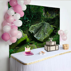 Lofaris Ancient Mossy Jungle Ruins Photography Backdrop with Spiral Carving, Green Forest Background for Studio Photoshoot