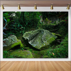 Lofaris Ancient Mossy Jungle Ruins Photography Backdrop with Spiral Carving, Green Forest Background for Studio Photoshoot