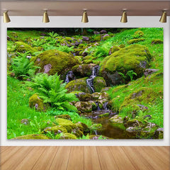 Lofaris Vibrant Green Mossy Rocks Stream Natural Scenery Backdrop, Lush Forest Photography Background for Studio Photoshoot