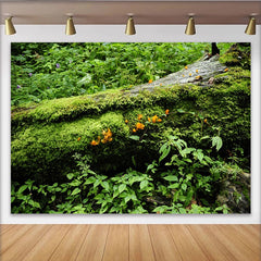 Lofaris Lush Green Mossy Log Forest Photography Backdrop with Orange Fungi, Natural Woodland Background for Studio Photoshoots