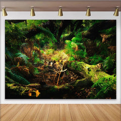 Lofaris Lush Green Forest Photography Backdrop with Mossy Logs and Ferns, Natural Woodland Background for Professional Portrait