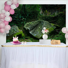 Lofaris Lush Green Mossy Forest Rock Carving Photography Backdrop, Natural Scenery Background for Studio Portrait Photoshoot