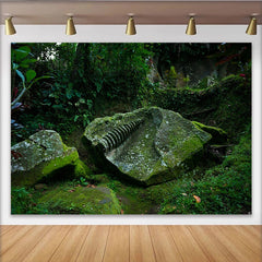 Lofaris Lush Green Mossy Forest Rock Carving Photography Backdrop, Natural Scenery Background for Studio Portrait Photoshoot