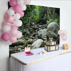Lofaris Lush Green Forest and Rocky Natural Scenery Backdrop, Wild Nature Photography Background for Studio Photoshoot