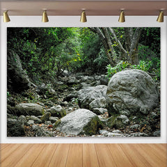 Lofaris Lush Green Forest and Rocky Natural Scenery Backdrop, Wild Nature Photography Background for Studio Photoshoot