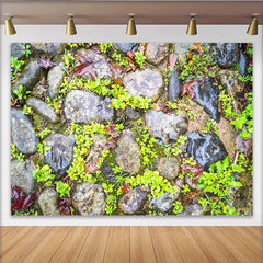 Lofaris Wet Natural Stone Photography Backdrop with Green Foliage and Fallen Leaves, Textured Studio Background for Portrait Photoshoot