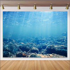 Lofaris Blue Underwater Photography Backdrop with Sunlight Rays and Rocky Seabed, Natural Ocean Background for Studio Photoshoot