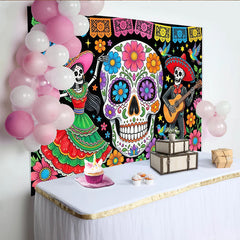 Lofaris Vibrant Mexican Fiesta Backdrop with Sugar Skull and Dancing Skeletons, Colorful Day of the Dead Party Decor