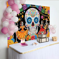 Lofaris Vibrant Mexican Fiesta Backdrop with Sugar Skull and Dancing Skeletons, Festive Party Background for Cultural Event Photography