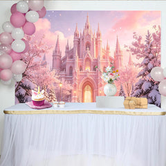 Lofaris Magical Pink Castle Photography Backdrop with Snowy Trees, Enchanted Winter Background for Princess Photoshoot and Decor