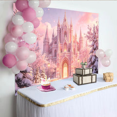 Lofaris Magical Pink Castle Photography Backdrop with Snowy Trees, Enchanted Winter Background for Princess Photoshoot and Decor
