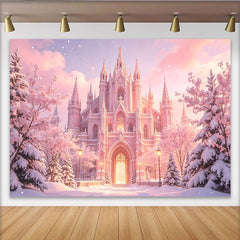 Lofaris Magical Pink Castle Photography Backdrop with Snowy Trees, Enchanted Winter Background for Princess Photoshoot and Decor