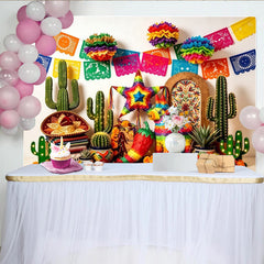 Lofaris Vibrant Mexican Fiesta Backdrop with Colorful Papel Picado and Cacti, Lively Party Decor for Celebrations and Photo Booth Props