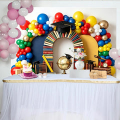 Lofaris Colorful Balloon Arch Graduation Backdrop with Books and Caps, School Learning Theme Photo Background for Celebration Party Decor