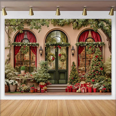 Lofaris Elegant Christmas Facade Backdrop with Arched Windows, Decorated Trees and Gift Boxes for Holiday Party Photography