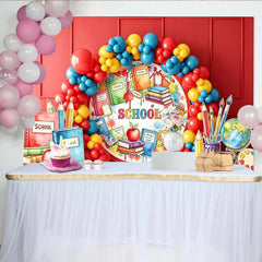 Lofaris Vibrant Red Back to School Backdrop with Colorful Balloons and School Supplies, Educational Photo Booth Background for Classroom Party.