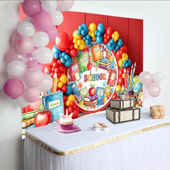 Lofaris Vibrant Red Back to School Backdrop with Colorful Balloons and School Supplies, Educational Photo Booth Background for Classroom Party.
