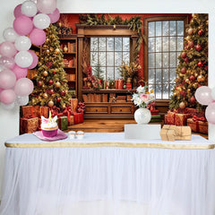 Lofaris Cozy Christmas Winter Backdrop with Decorated Trees and Snowy Window, Festive Library Background for Holiday Photoshoot