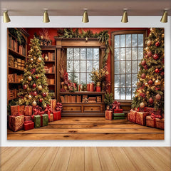 Lofaris Cozy Christmas Winter Backdrop with Decorated Trees and Snowy Window, Festive Library Background for Holiday Photoshoot