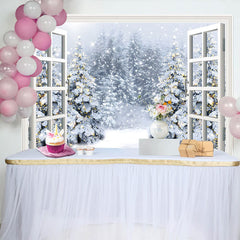 Lofaris Snowy Christmas Window Backdrop with Illuminated Pine Trees, Beautiful Winter Background for Holiday Party Decor