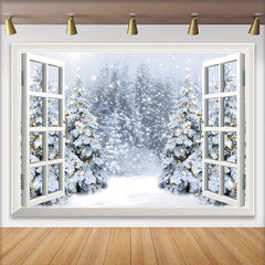 Lofaris Snowy Christmas Window Backdrop with Illuminated Pine Trees, Beautiful Winter Background for Holiday Party Decor