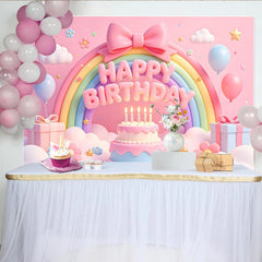 Lofaris Pink Pastel Rainbow Birthday Backdrop with Cute Clouds and Balloons, Sweet Cake and Star Decor Background for Girls Party Photoshoot