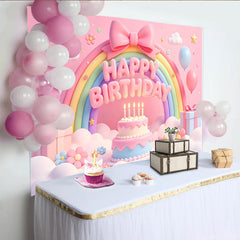 Lofaris Pink Pastel Rainbow Birthday Backdrop with Cute Clouds and Balloons, Sweet Cake and Star Decor Background for Girls Party Photoshoot