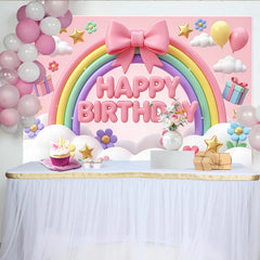 Lofaris Pink Rainbow Happy Birthday Backdrop with Clouds and Flowers, Cute Gift Balloons Party Decor for Girls Photoshoot