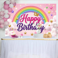 Lofaris Pink Happy Birthday Rainbow Backdrop with Crown and Stars, Magical Cloud Background for Girl Party Photoshoot.