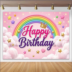 Lofaris Pink Happy Birthday Rainbow Backdrop with Crown and Stars, Magical Cloud Background for Girl Party Photoshoot.