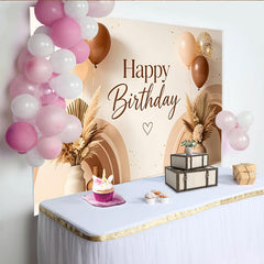 Lofaris Boho Neutral Happy Birthday Backdrop with Pampas Grass and Balloons, Rainbow Arch Photography Background, Elegant Party Decoration