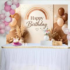 Lofaris Boho Happy Birthday Backdrop with Neutral Balloons and Pampas Grass, Elegant Rustic Photography Background for Party Decoration