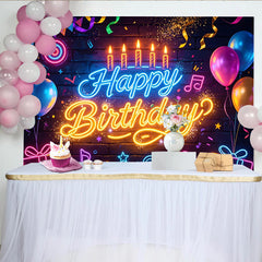 Lofaris Vibrant Neon Happy Birthday Backdrop with Balloons and Confetti, Glow Brick Wall Background for Party Decoration