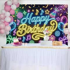 Lofaris Neon Happy Birthday Party Backdrop with Colorful Balloons and Gifts, Vibrant Music Theme Background for Celebration Photography