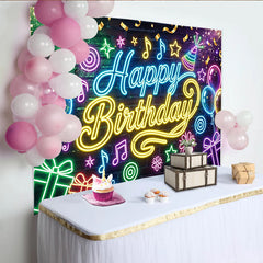 Lofaris Neon Happy Birthday Party Backdrop with Colorful Balloons and Gifts, Vibrant Music Theme Background for Celebration Photography