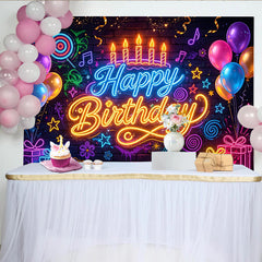 Lofaris Vibrant Neon Glow Happy Birthday Backdrop with Balloons and Gifts, Colorful Brick Wall Photography Background for Party Decoration