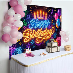Lofaris Vibrant Neon Glow Happy Birthday Backdrop with Balloons and Gifts, Colorful Brick Wall Photography Background for Party Decoration