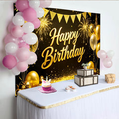 Lofaris Elegant Gold Happy Birthday Backdrop with Balloons, Glitter and Fireworks, Black Party Background for Photography Studio