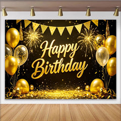 Lofaris Elegant Gold Happy Birthday Backdrop with Balloons, Glitter and Fireworks, Black Party Background for Photography Studio