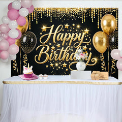 Lofaris Black and Gold Glitter Happy Birthday Backdrop with Balloons and Stars, Elegant Party Photography Background for Celebration Decor