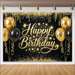 Lofaris Black and Gold Glitter Happy Birthday Backdrop with Balloons and Stars, Elegant Party Photography Background for Celebration Decor