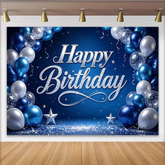 Lofaris Blue Silver Glitter Happy Birthday Backdrop with Balloons and Stars, Elegant Party Background for Photography and Celebration Decor