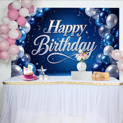 Lofaris Blue and Silver Balloon Happy Birthday Backdrop with Glitter Stars, Elegant Party Background for Celebration Photography