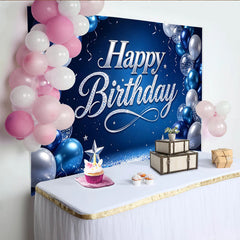 Lofaris Blue and Silver Balloon Happy Birthday Backdrop with Glitter Stars, Elegant Party Background for Celebration Photography