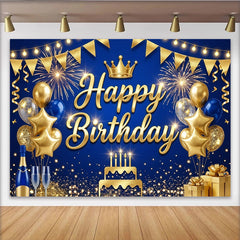 Lofaris Gold Blue Happy Birthday Backdrop with Crown and Balloons, Elegant Party Decoration Photo Booth Background for Celebration