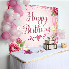 Lofaris Glitter Pink Happy Birthday Backdrop with Floral and Balloons, Elegant Party Decor Background for Girls Photoshoot