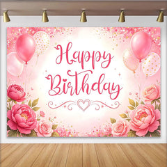 Lofaris Pink Floral Glitter Happy Birthday Backdrop with Balloons and Roses, Beautiful Party Decoration Background for Girls Photoshoot