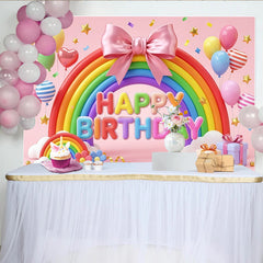 Lofaris Pink Rainbow Birthday Backdrop with Balloons and Stars, Vibrant Festive Party Background for Celebration Photography