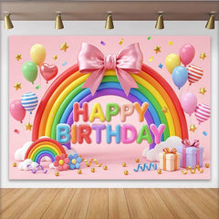 Lofaris Pink Rainbow Birthday Backdrop with Balloons and Stars, Vibrant Festive Party Background for Celebration Photography